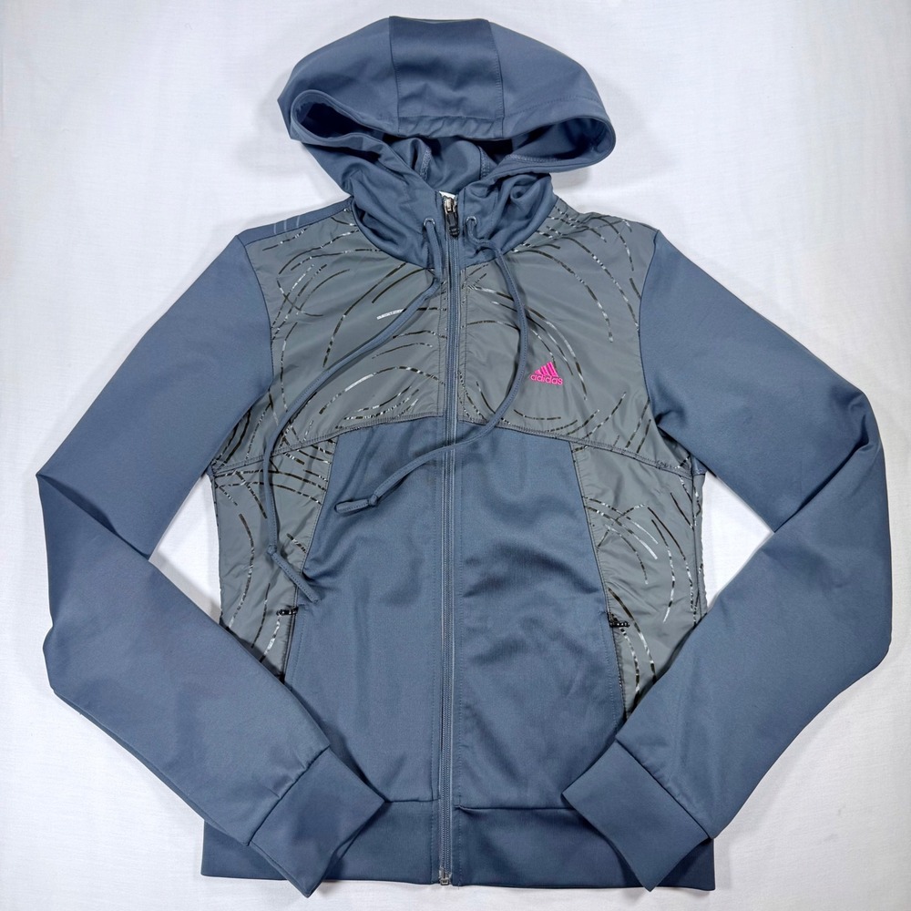 Adidas Climacool Girls XL Full Zip Hoodie Gray Blue Metallic Silver AP9002